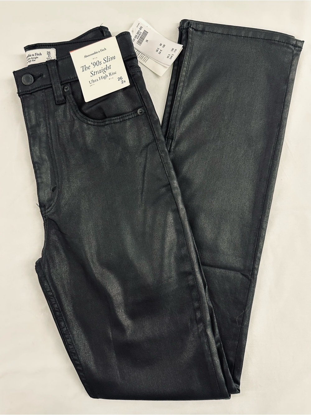 NWT Abercrombie & Fitch The 90s Slim Straight Coated Black Jeans 26 2R